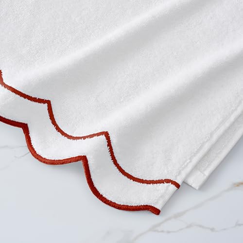Peri Home 2 Piece Cotton Bath Towel Set, Embroidered, White, Red Scallop - color: White With Chili Red Scallop, size: 2 Bath Towel