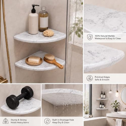 4 Pcs White Marble Corner Shower Shelf for Bathroom 9 x 9 Inch Wall Mounted Both Sides Polished Marble Corner Shelves Shower Caddy for Bathroom Wall (Stylish) - style: Stylish