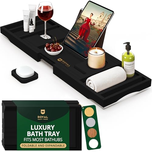 ROYAL CRAFT WOOD Premium Foldable Bathtub Tray Caddy - Wood Bath Tray for Tub, Bamboo Shelf, Expandable Bath Table Trays, Bathtub & Bathroom Accessories for New Home & Mothers, Birthday Gifts for Mom - color: Black
