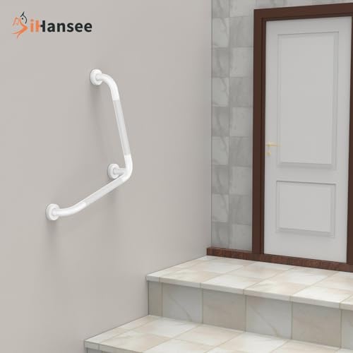 Angled Grab Bar - 16x16 Inch Stainless Steel Knurled Toilet Handles Wall Mounted Bathroom Handicap Safety Rails for Elderly Injured Balance Support, L-Shaped White Grab Bar for Shower | White Bathroom Grab Bar for Senior Elderly, Stainless Steel Handicap