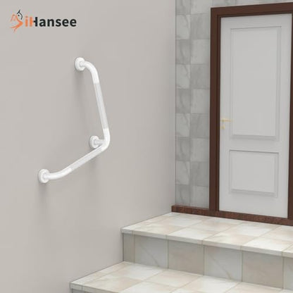 Angled Grab Bar - 16x16 Inch Stainless Steel Knurled Toilet Handles Wall Mounted Bathroom Handicap Safety Rails for Elderly Injured Balance Support, L-Shaped White Grab Bar for Shower | White Bathroom Grab Bar for Senior Elderly, Stainless Steel Handicap