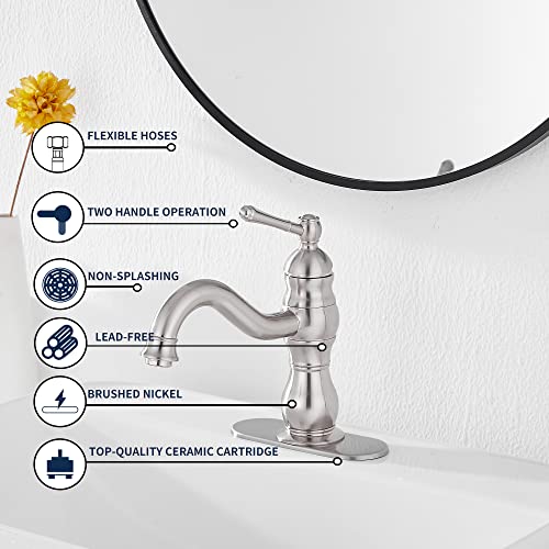 Bathroom Faucet Brushed Nickel GGStudy 360° Swivel Bathroom Vanity Faucet Single Handle One Hole Bathroom Sink Faucet Basin Matching Pop Up Drain with Overflow - color: Brushed Nickel, size: Short