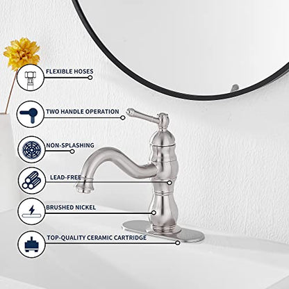 Bathroom Faucet Brushed Nickel GGStudy 360° Swivel Bathroom Vanity Faucet Single Handle One Hole Bathroom Sink Faucet Basin Matching Pop Up Drain with Overflow - color: Brushed Nickel, size: Short