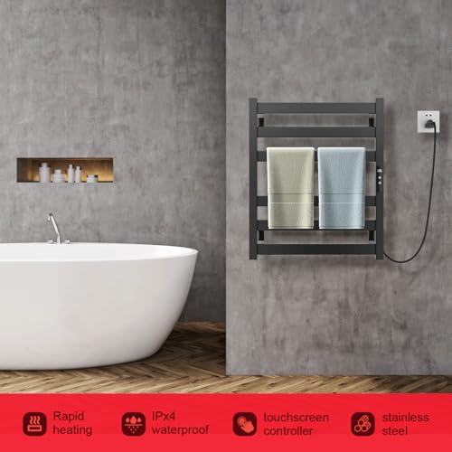 Towel Warmer 6 Bars, Stainless Steel Towel Warmer Rack | for Bathroom, Wall Mounted Towel Heater with Intelligent Touch Screen Timer, Hard Wired/Plug-in, Black - size: 6 Bars