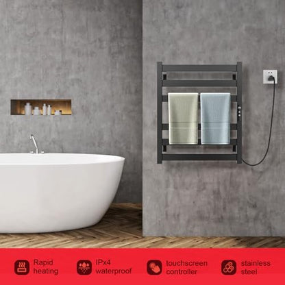 Towel Warmer 6 Bars, Stainless Steel Towel Warmer Rack | for Bathroom, Wall Mounted Towel Heater with Intelligent Touch Screen Timer, Hard Wired/Plug-in, Black - size: 6 Bars