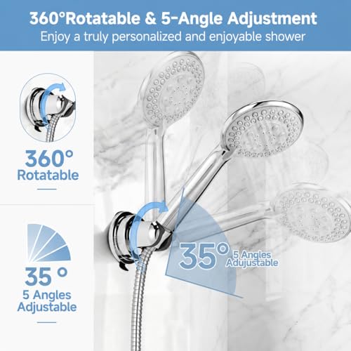 Shower Head Holder Suction, Chrome Removable Adjustable No-Drill | Strong Suction Hold, No-Drill Removable Mount, 5-Angle Tilt and 360° Swivel for Smooth Tile, Glass and Mirrors - style: Chrome