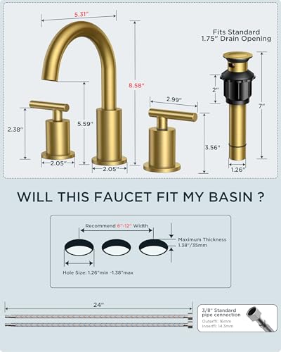 FORIOUS 8" LED Bathroom Faucet Gold, Vanity 3 Hole Bathroom Faucet Lights | 3 Hole Brushed Gold Bathroom Faucet Widespread with 3 Color Changing LED Light, Pop Up Drain, CUPC Supply lines, Light Faucet - color: Brushed Gold, style: Contemporary