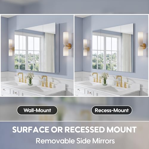 48" x 36" Bathroom Medicine Cabinet with Mirror, Anodized Chrome Aluminum Frame, Surface Mount or Recessed Medicine Cabinet with Mirror, Bathroom Mirror with Storage, Three Doors - size: 48"x36"-A