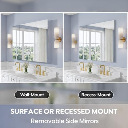 48" x 36" Bathroom Medicine Cabinet with Mirror, Anodized Chrome Aluminum Frame, Surface Mount or Recessed Medicine Cabinet with Mirror, Bathroom Mirror with Storage, Three Doors - size: 48"x36"-A