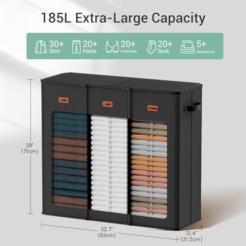 185L Laundry Hamper 3 Section with Lid, Black Dirty Clothes Hamper with 3 Removable Laundry Bags, Large Laundry Basket for Bedroom, Laundry Room, Dorm - color: Black