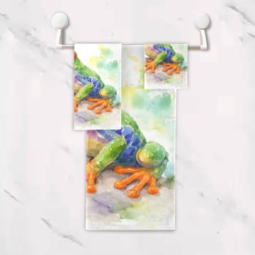 ALAZA Towel Bathroom Sets, Watercolor Red Eyed Green Frog Towels 3-Piece 1 Bath Towel 1 Washcloth 1 Hand Towel, Bath Towel Set of 3 Soft Multifuntion for Home Kitchen Hotel Gym Swim Spa - color: Multi03