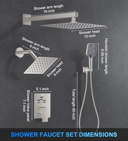 Woindo Shower Faucet Set, 10" Wall Mount Rainfall Shower System with 2 Rain Shower Head and Multi-function Handheld Head Push Button Diverter Shower Faucet Trim Kit - color: Brushed Nickel, style: 10"-Wall-01
