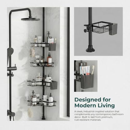 Tension Pole Shower Caddy, 4-Tier Corner Organizer with Hooks & Side Boxes, Thickened Carbon Steel No-Drill Standing Bathroom Storage for Tub & Shower