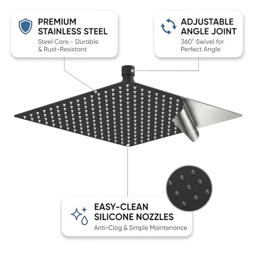 12 Inch Rain Shower Head, 12" Square Rainfall & High Pressure Stainless Steel Bath Showerhead, 1/16" Ultra Thin, Waterfall Full Body Coverage with Silicone Nozzle, Matte Black Finish | Square Rain Bathroom Showerhead, High Flow, Large Stainless Steel, Cei