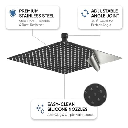 12 Inch Rain Shower Head, 12" Square Rainfall & High Pressure Stainless Steel Bath Showerhead, 1/16" Ultra Thin, Waterfall Full Body Coverage with Silicone Nozzle, Matte Black Finish | Square Rain Bathroom Showerhead, High Flow, Large Stainless Steel, Cei
