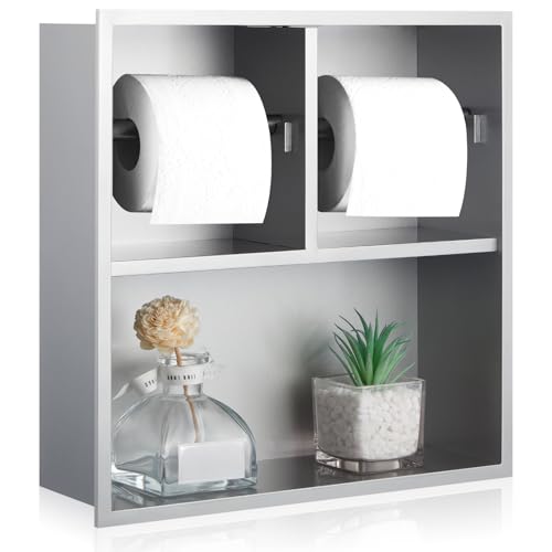 Maxdot Recessed Dual Toilet Roll Holder, in Wall Toilet Paper Holder with Storage, Bathroom Wall Niche Shelf, 304 Stainless Steel (Brushed) - color: Brushed