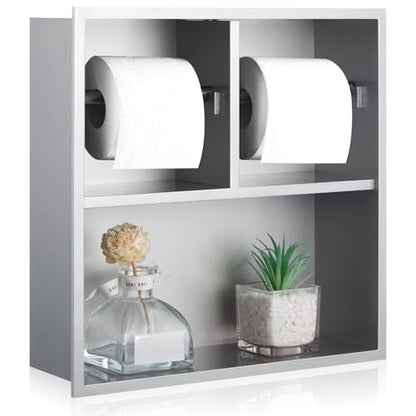 Maxdot Recessed Dual Toilet Roll Holder, in Wall Toilet Paper Holder with Storage, Bathroom Wall Niche Shelf, 304 Stainless Steel (Brushed) - color: Brushed