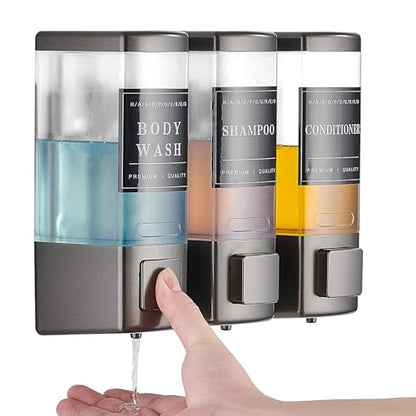 Pollock Shampoo and Conditioner Dispenser 3 Chamber * 500ML | Shower Soap Dispenser Wall Mounted, Body Wash Dispenser No Drill, Refillable Shower Dispenser for Bathroom - color: Blk-zt-53-gun3
