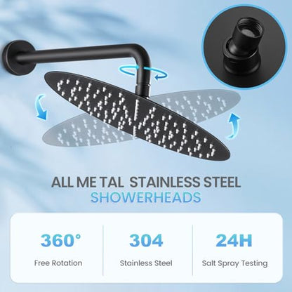 12 inch Matte Black Rainfall Shower Head - All Metal Stainless Steel Full Body Round Rain Shower with 120 Silicone Nozzles - color: Matte Black, size: 12 Inch