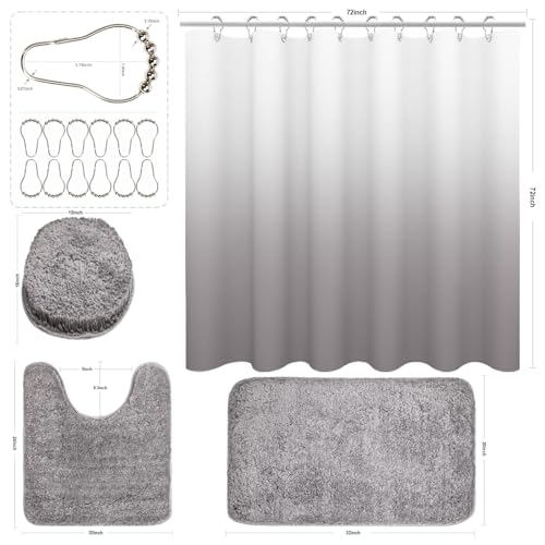 Shower Curtain Sets with Rugs and Adjustable Toilet Seat Cover | 4 Pcs Gray Bathroom Sets with Shower Curtain and Rugs and Microfiber Toilet Lid Cover - color: Grey