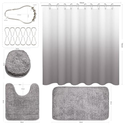Shower Curtain Sets with Rugs and Adjustable Toilet Seat Cover | 4 Pcs Gray Bathroom Sets with Shower Curtain and Rugs and Microfiber Toilet Lid Cover - color: Grey