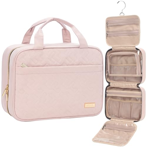 NISHEL Travel Toiletry Bag for women, Portable Hanging makeup Organizer | for Travel-Sized Shampoo, Conditioner, Brushes Set, makeup Accessories, Medium Size, Pink - color: Pink, size: Medium