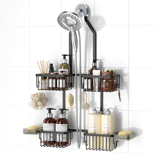 Adjustable Aluminum Shower Caddy Hanging for Handheld Showerhead, Black | Rustproof Aluminum, Shower Organizer, Anti-Slip, Quick-Drain Shelf, 40lbs Capacity, Suction Cups, 8 Hooks, Razor Soap Holders - color: Black