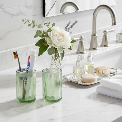 Green Toothbrush Holders for Bathrooms, 2pcs Glass Toothbrush Holder and 12oz Bathroom Tumbler Cup Set, Silver Tooth Brush and Toothpaste Organizer for Bathroom Vanity Countertop - color: Green Silver