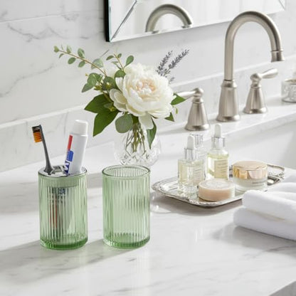 Green Toothbrush Holders for Bathrooms, 2pcs Glass Toothbrush Holder and 12oz Bathroom Tumbler Cup Set, Silver Tooth Brush and Toothpaste Organizer for Bathroom Vanity Countertop - color: Green Silver