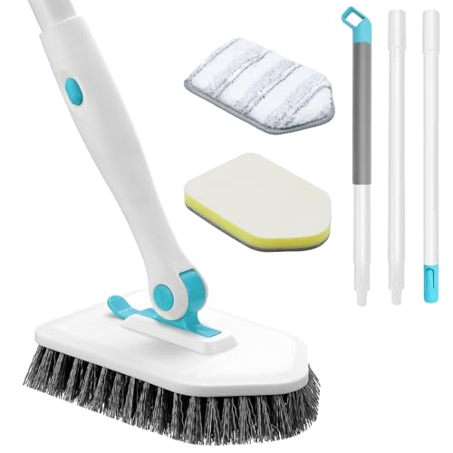 nacena Shower Scrubber with Long Handle, 3 in 1 Tile Tub Scrubber Brush with 3 Detachable Cleaning Heads Adjustable Handle Shower Cleaner Brush for Bathroom, Kitchen, Toilet, Wall, Sink, Blue White - color: Blue White, size: 2 pads