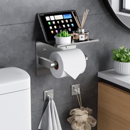 Tindbea Mega Size Toilet Paper Holder with Shelf + Towel Robe Hooks, Adhesive or Screw Wall Mounted Toilet Paper Roll Holder, Stainless Steel Bathroom Hardware Set (Brushed Nickel) - color: Brushed Nickel, size: Large