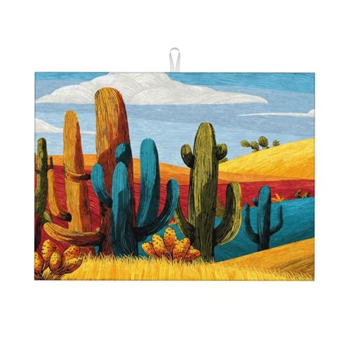 Cactus Dish Drying Mats for Kitchen Counter Absorbent Reversible Drying Mats Microfiber Kitchen Countertop Protector Dishes Drying Pad Extra Large “18 x 24" Dish Mat - color: Yellow-Cactus