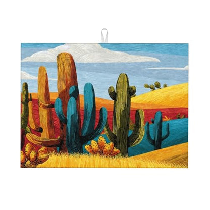 Cactus Dish Drying Mats for Kitchen Counter Absorbent Reversible Drying Mats Microfiber Kitchen Countertop Protector Dishes Drying Pad Extra Large “18 x 24" Dish Mat - color: Yellow-Cactus