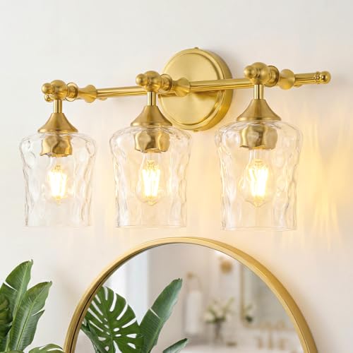 3-Light Bathroom Vanity Light Fixture Over Mirror, Brushed Gold | Clear Hammered Glass Shades, Beaded Crossbar Frame, Rippled Glow, Wall Mount Up or Down, E26 Socket, Hardwired, 120V - color: Brushed Gold