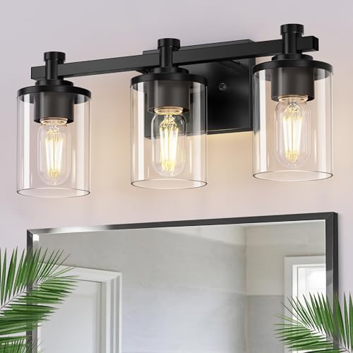 Bathroom Light Fixture, Bathroom Vanity Light Over Mirror, 3-Lights | Vanity Lights for Bathroom, Modern Lighting Fixtures with Clear Glass Shade, Black Vanity Lights, ETL Listed, 17inch - color: Black, size: 3-Lights( 17 inch)