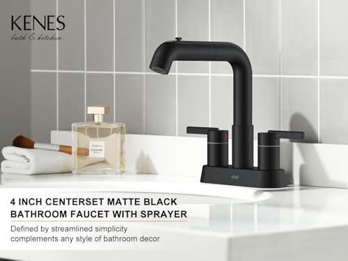 Matte Black Pull Out Centerset Bathroom Faucet 2 Handle 3 Hole 4 Inch | Pull Down Bathroom Faucet with Pop Up Drain & Supply Lines, Lead-Free cUPC & NSF Certified, 4 Inch Faucet for Vanity RV Sink - color: Matte Black