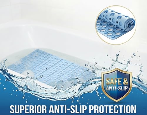 Nonslip Bathtub Mat Extra Soft TPE Bath Mat for Kids, Machine Washable Bathroom Shower Mat, Smooth/Non-Textured Tubs Only, 30L x 17W Inch (Blue) - color: Blue, size: 30" x 17" (Rectangular)