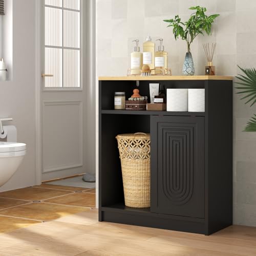 Gyfimoie Bathroom Storage Cabinet with 3 Drawers, Wooden Floor Cabinet with 1 Sliding Door & Adjustable Shelves for Bathroom, Living Room, Entryway (Black)