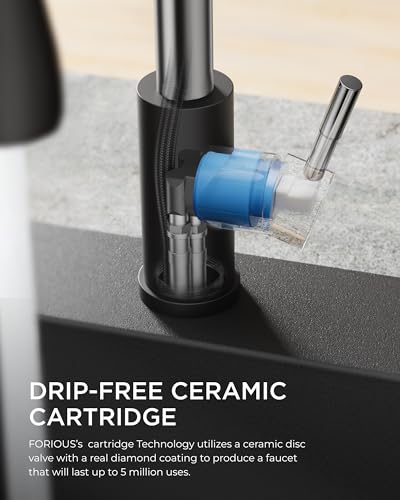 FORIOUS Kitchen Faucet with Soap Dispenser, Stainless Steel, Black Chrome | Pull Down Sprayer, High Arc Single Handle, Classic 3 Modes Bar Sink Faucet with Deck Plate, Suitable for Rv Laundry Camper - color: Black&Chrome, style: Classic