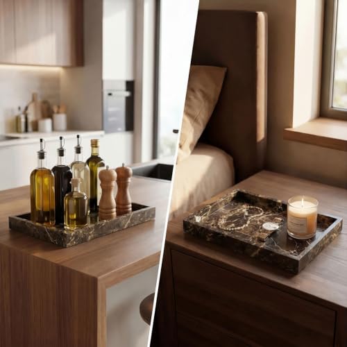 Natural Marble Tray Heavyweight Stone Vanity Tray for Bathroom Countertop, Coffee Table & Dresser - Handcrafted Rectangular Organizer (Coffee Brown, 12" x 8" x 1.2") - color: Coffee Brown