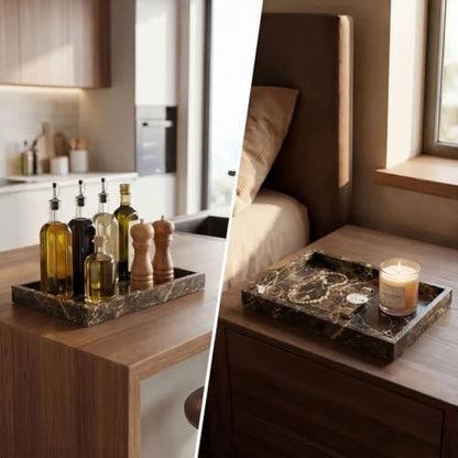 Natural Marble Tray Heavyweight Stone Vanity Tray for Bathroom Countertop, Coffee Table & Dresser - Handcrafted Rectangular Organizer (Coffee Brown, 12" x 8" x 1.2") - color: Coffee Brown