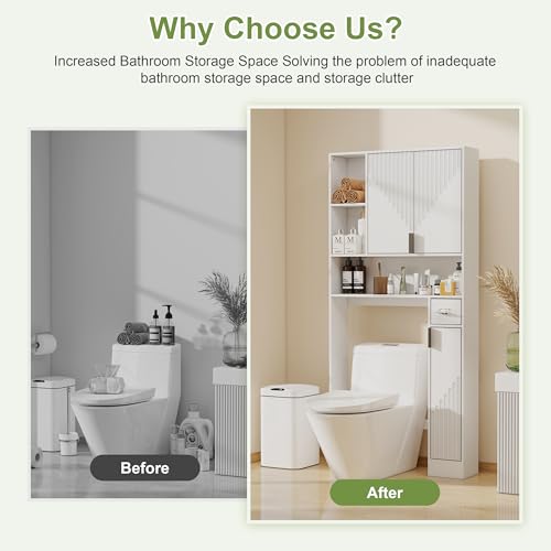 GOODONE White Over The Toilet Storage Cabinet - with 3 Doors and Toilet Paper Holder Stand, FreeStanding, for Bathroom, Restroom, Laundry - color: White
