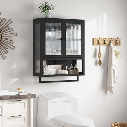 Bathroom Wall Cabinet, Over The Toilet Space Saver Storage Cabinet, Medicine Cabinet with 2 Glass Door and Towel Bar, Metal Wall Mounted Cabinet for Bathroom Laundry Room Kitchen - color: Upgraded Black