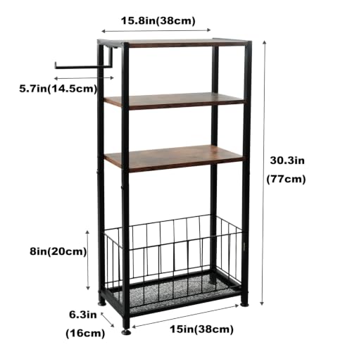 Freestanding Toilet Paper Holder with Storage Wood Shelf Adjustable Feet | Bathroom Toilet Paper Stand Holder with Extra Roll Storage Basket Narrow Side Tissue Holder For Bathroom Laundry Room