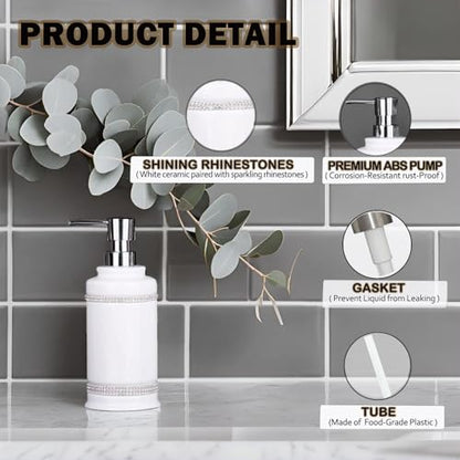 17 OZ Hand Liquid&Lotion Soap Dispenser Pump Bottle Ceramic White for Kitchen Bathroom Countertop Laundry Room Holds Dish Soap Shampoo Laundry Liquid Shower Gel (Inlaid Rhinestone) (White1) - color: White1