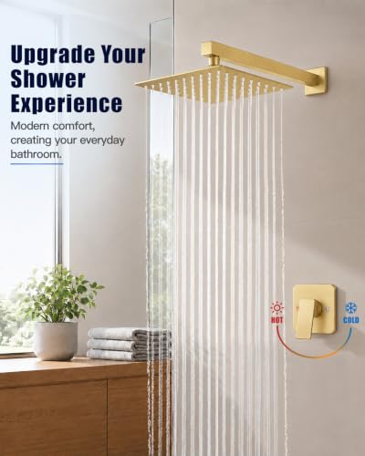 Heyalan 10 Inch Square Rain Shower Faucet Set with Valve, Brushed Gold | Female-thread 1/2-inch NPT connections, SUS304 shower head, brass rough-in valve, single-handle control Shower Set - color: Gold, size: 10 Inch Square Shower Head
