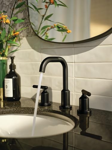 Moen Gibson Matte Black Two-Handle Widespread High Arc Modern Bathroom Sink Faucet, Modern Bathroom Faucet for Three Hole Bath Sinks (Valve Required), T6142BL - color: Matte Black, style: Trim Only