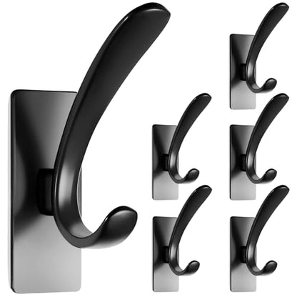 Self Adhesive Towel Hooks, Matte Black Metal Hooks,Waterproof Stainless Steel Hanger Coat Hooks for Hanging Coat,Towels, Bath Robe in Bathroom Kitchen Home - size: 6 Pack-Rectangular Double Hook