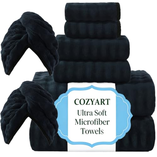 COZYART Lint Free 8 Pcs Bathroom Towels Set Ultra Soft Microfiber Black | Fluffy, Thick, Highly Absorbent, Fast Dry, No Shedding, No Pilling, Fade Resistant, Durable, Long-lasting - color: Charcoal Black