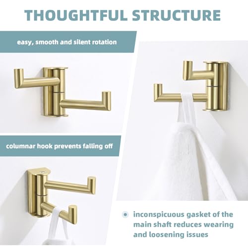 Angle Simple Towel Hook Brushed Gold, Swivel Coat Robe Hook for Bathroom | SUS304 Stainless Steel Hand Face Towel Holder, Rotatable and Foldable Space Saver, Screws Wall Mount - color: Brushed Gold, size: 1 Pack